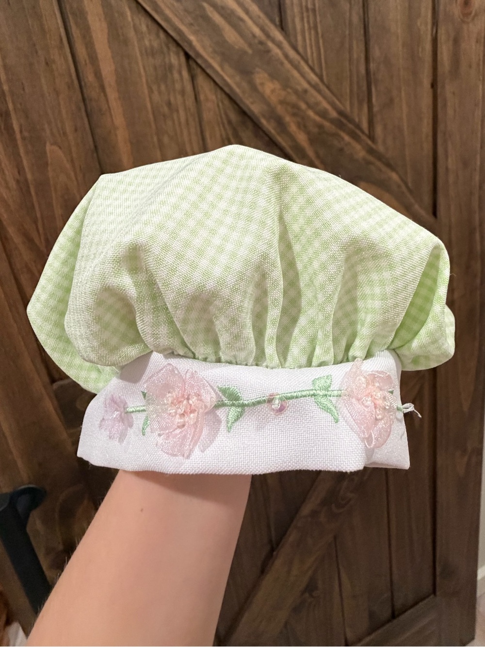 VINTAGE Green Gingham Baby/Child Bonnet with Pink Floral Embroidery